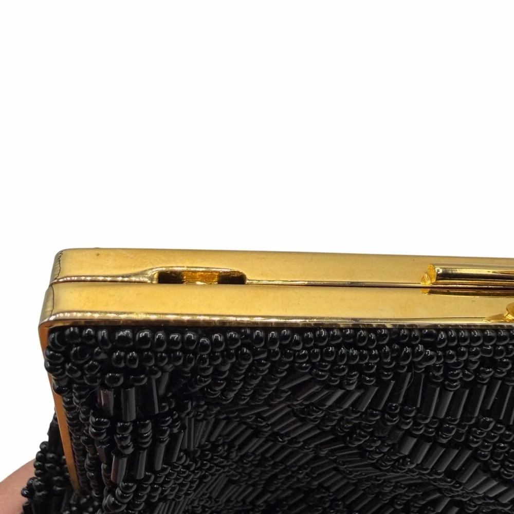 VINTAGE BLACK BEADED EVENING BAG — ART DECO STYLE CLUTCH W/ GOLD KISS LOCK CLAM